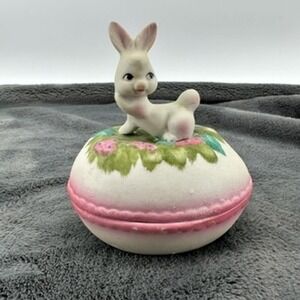 Vintage‎ Ceramic Bunny Rabbit Trinket Box Pink Floral Easter Decor